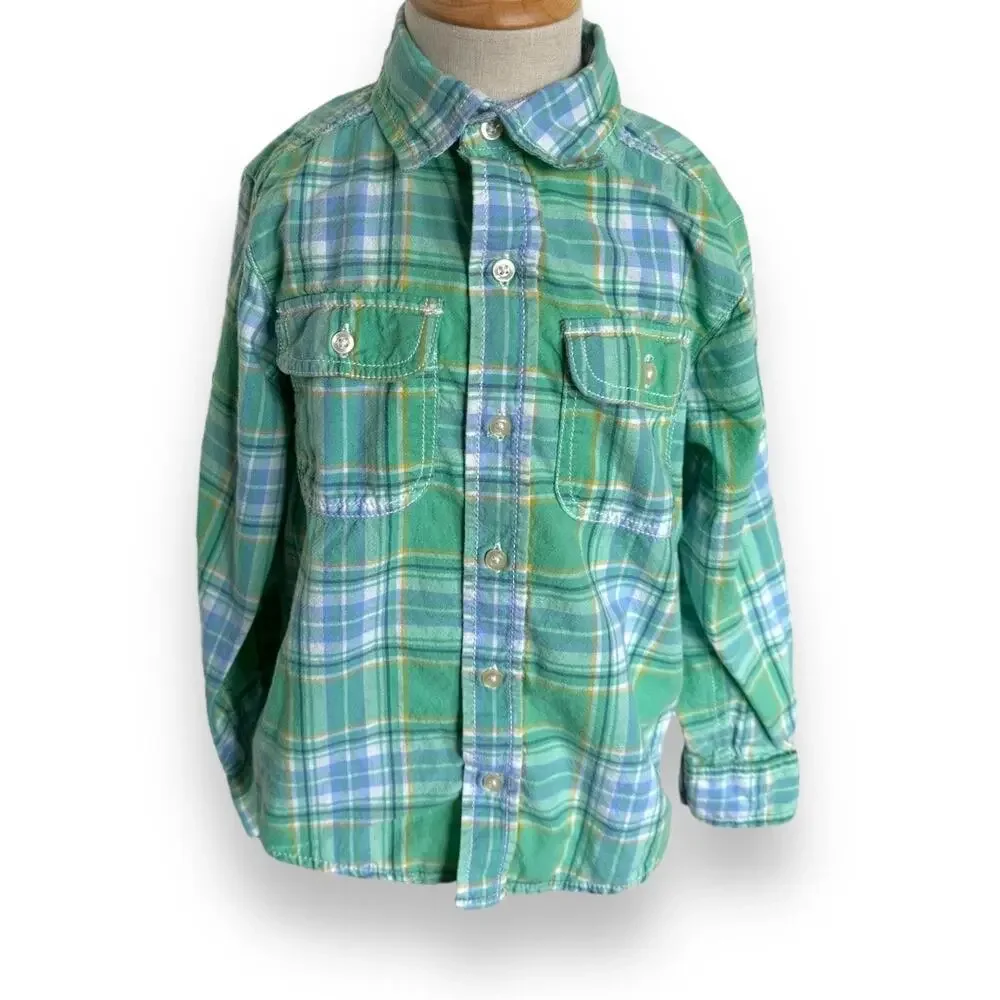 Carter's Boys Shirt Sz 5 Green White Blue Yellow Long Sleeve Plaid‎ Buttons
